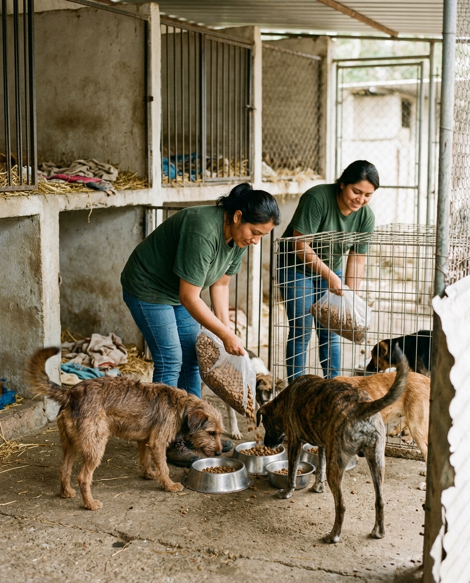 Voluntarios alimentan perros en un refugio