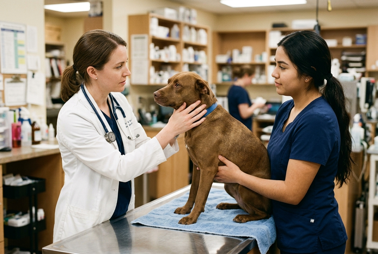 Un veterinario examina a un perro café sobre una mesa de clínica